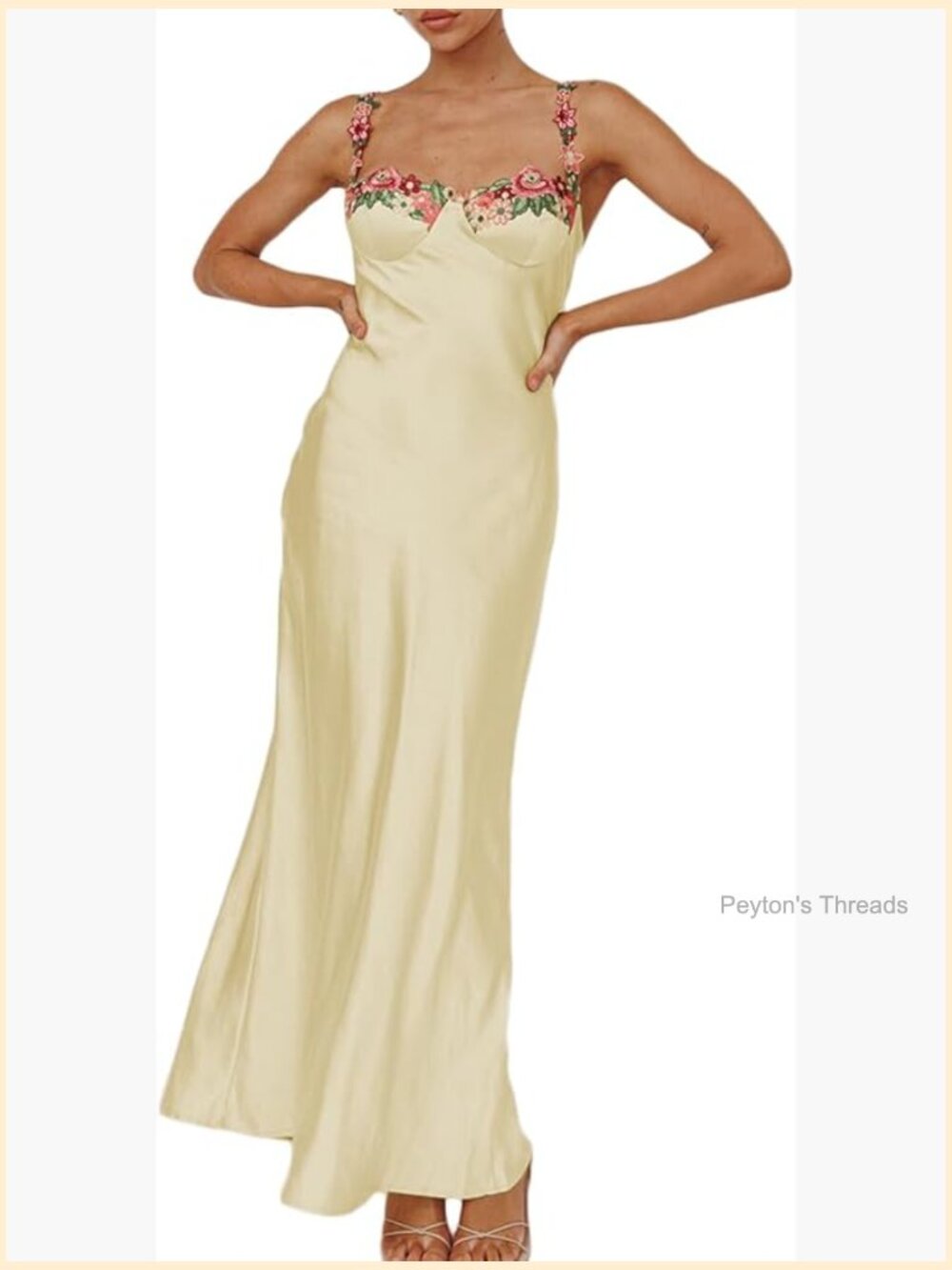Satin Spaghetti Strap Floral Embroidered Maxi Dress Sweetheart Backless Slit - Picture 1 of 7